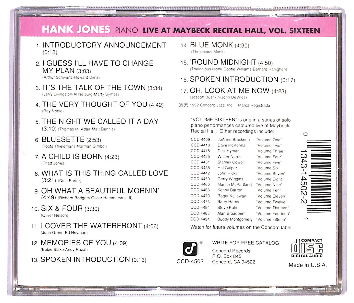 EBOND Hank Jones - Live At Maybeck Recital Hall Volume Sixteen CD CD091328