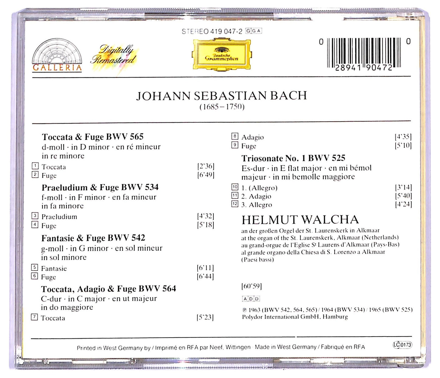 EBOND Bach Helmut Walcha - Toccata e Fuge D-Moll BWV 565 CD CD094041