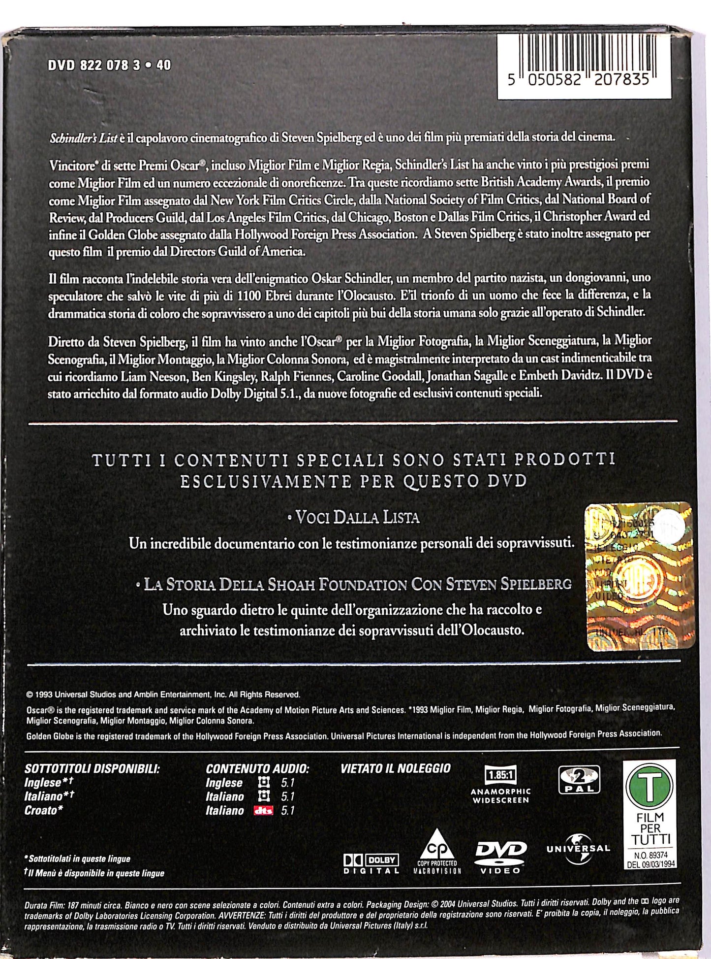 EBOND Schindler's List. (2 dischi) EDIZIONE SPECIALE DIGIPACK DVD D673146