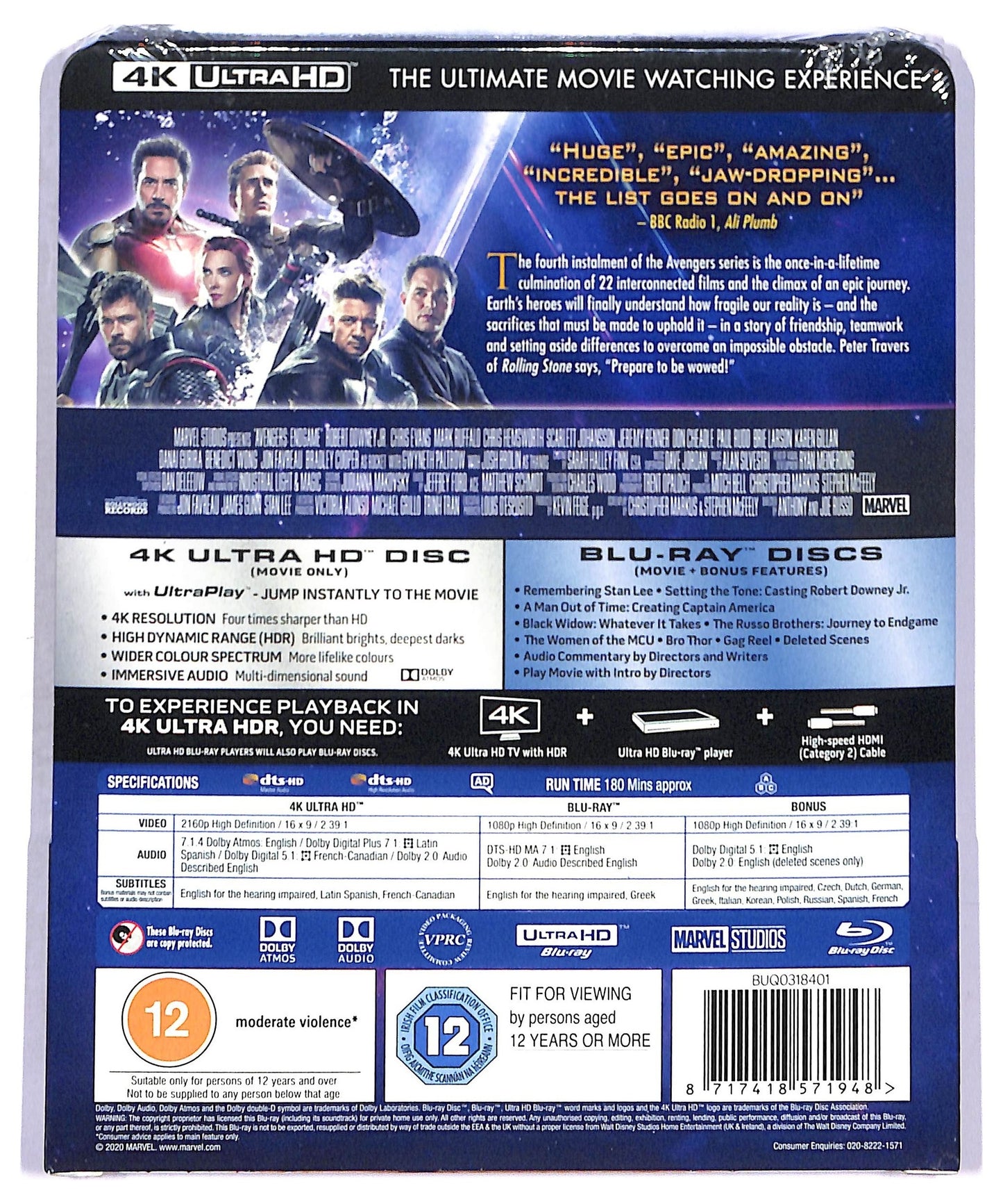 EBOND Avengers Endgame 4K ULTRA HD + BLURAY Lenticular Steelbook - UK Edition BLURAY D772663