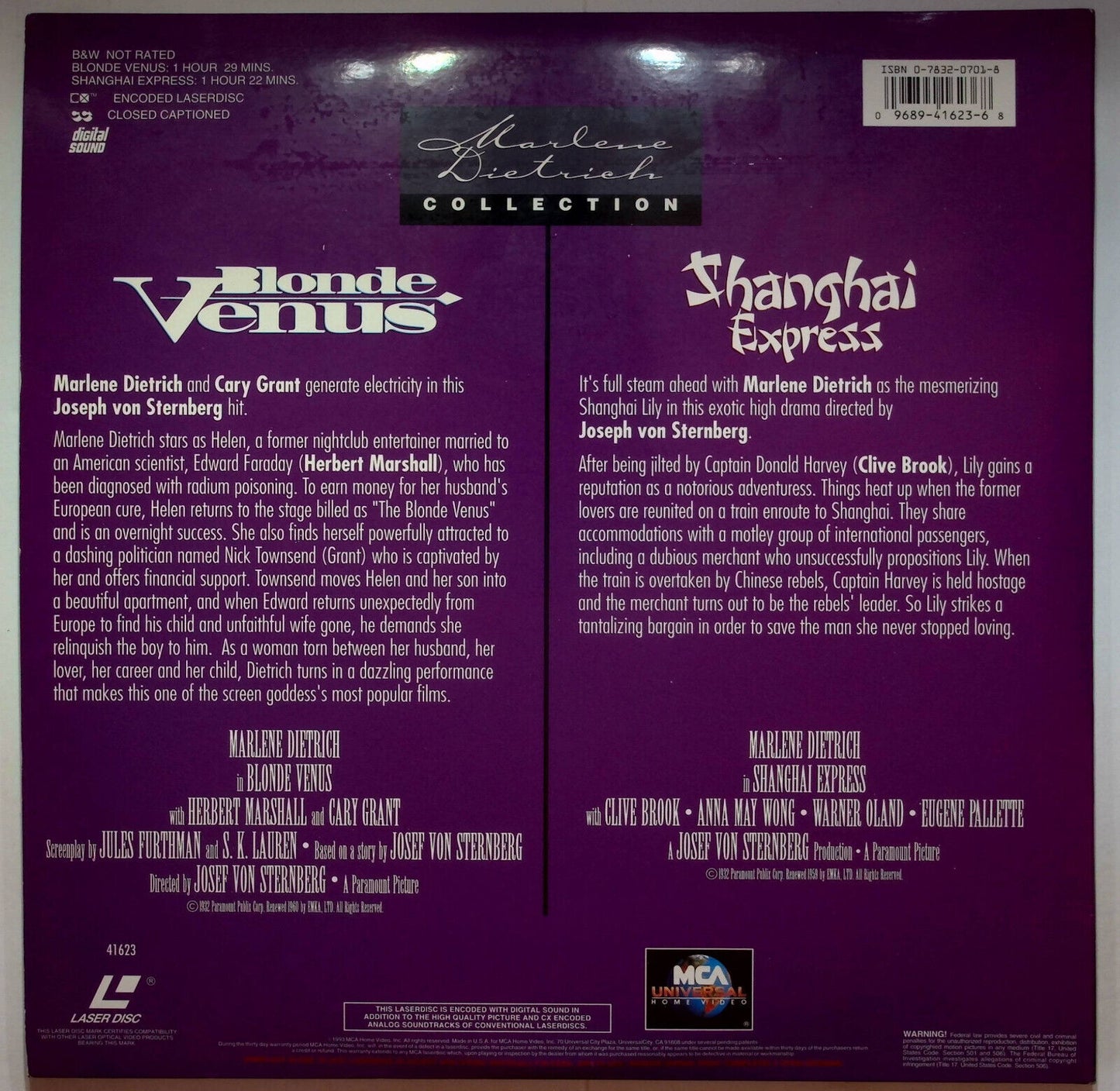 EBOND Marlene Dietrich Collection Blonde Venus Shanghai Express Laser Disc Ntsc