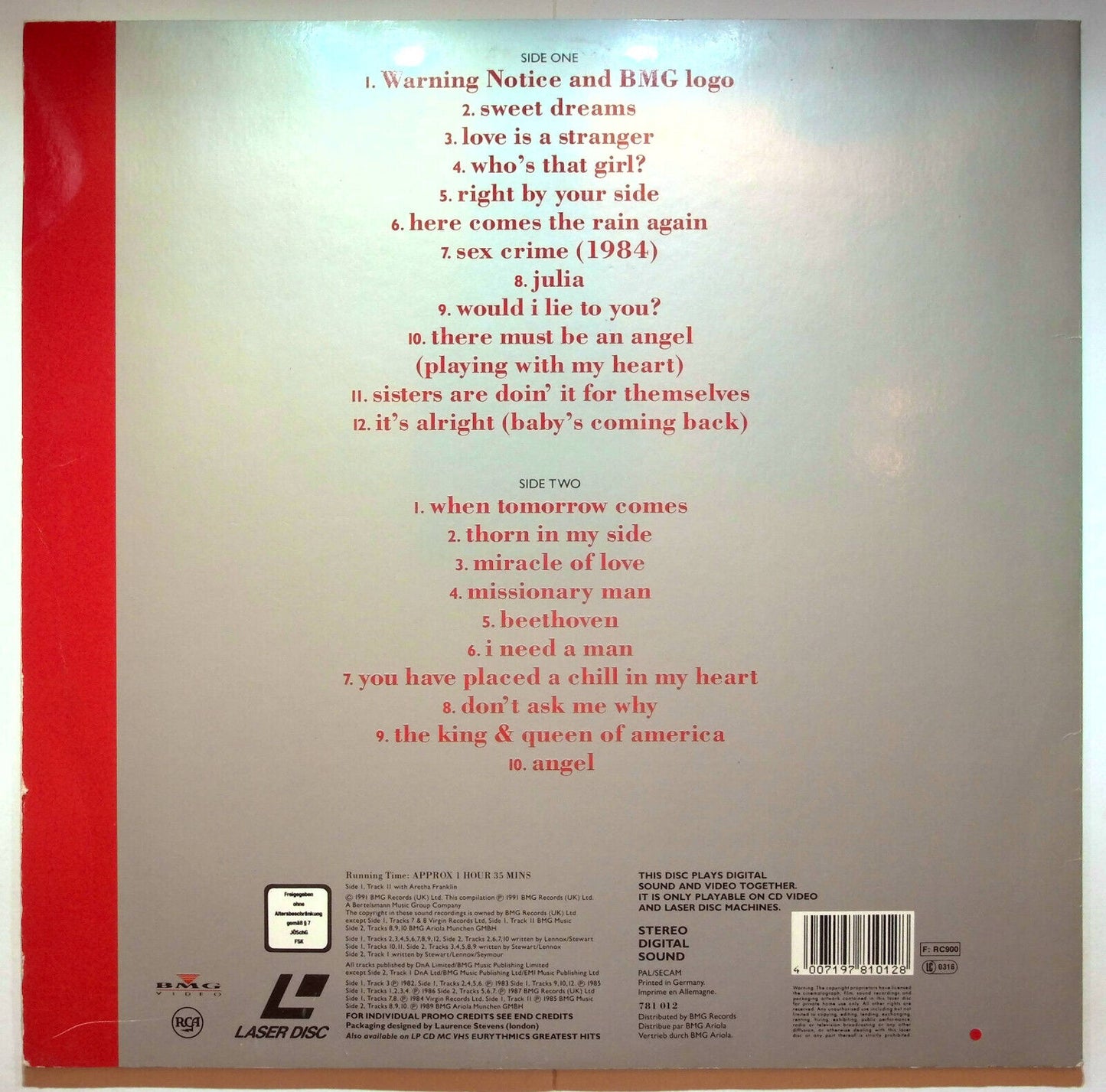 EBOND Eurythmics Greatest Hits - Laser Disc Pal