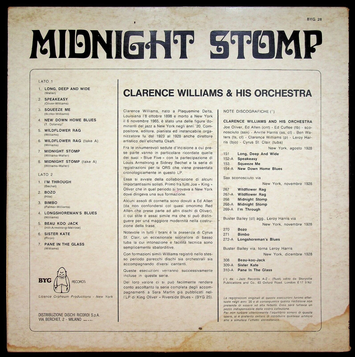 EBOND Clarence Williams And His Orchestra Midnight Stomp Vinile V062051