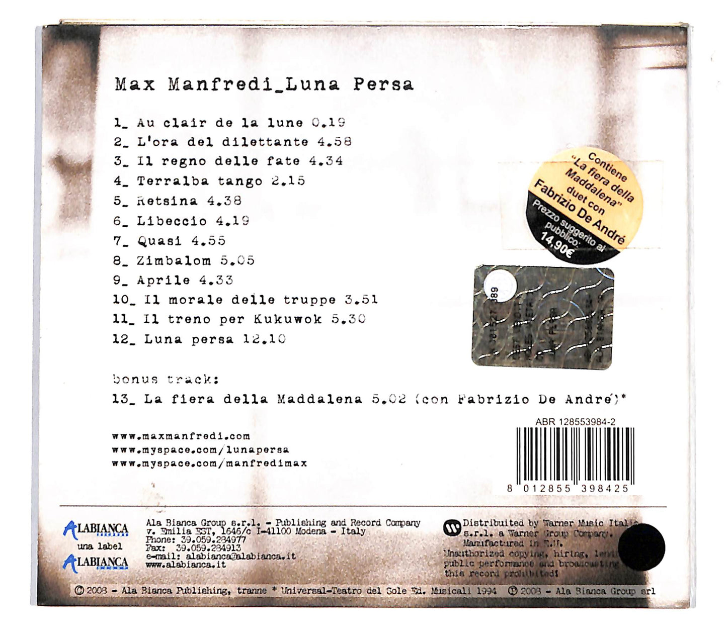 EBOND Max Manfredi - Luna Persa DIGIPACK CD CB040719