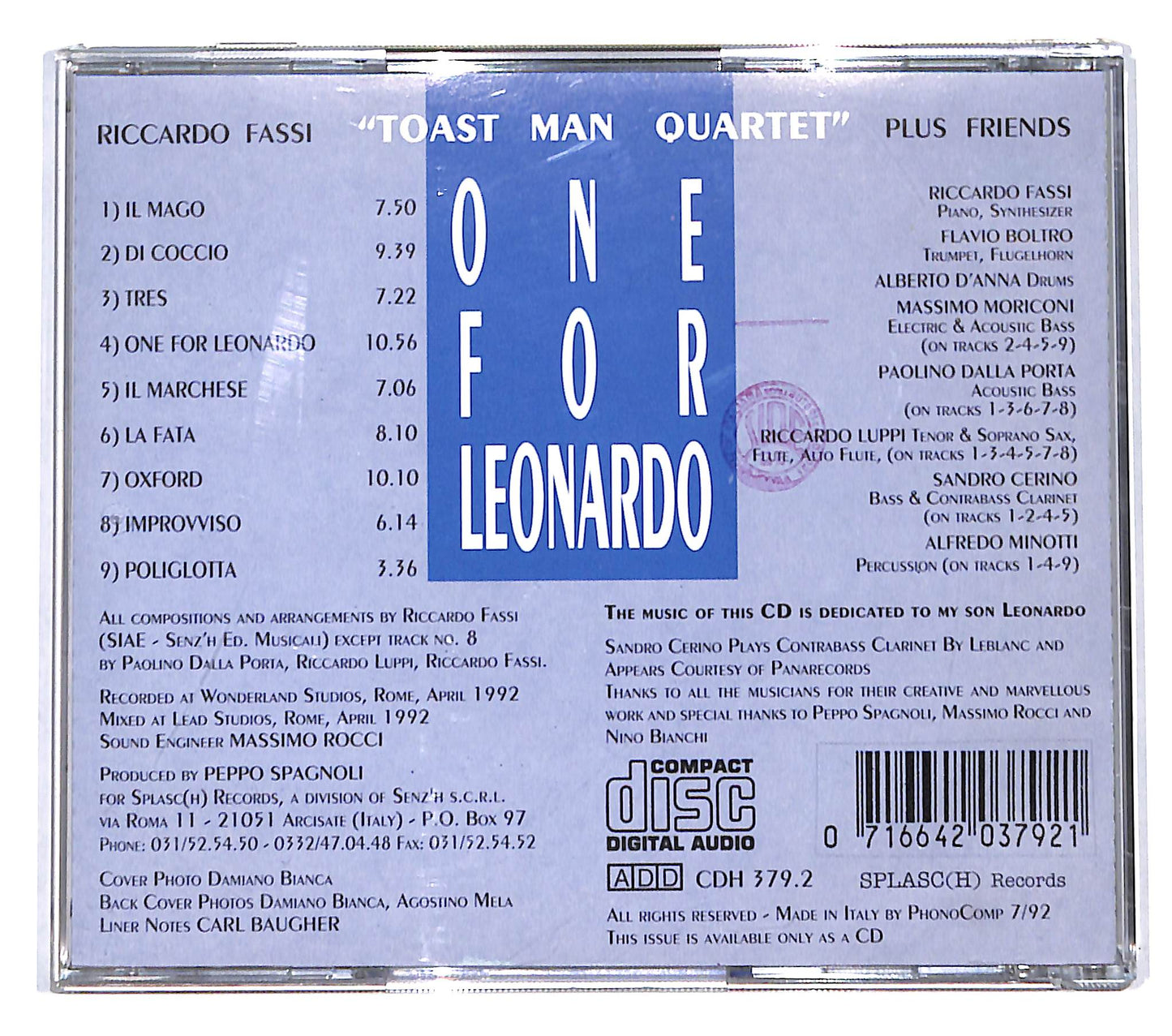 EBOND Riccardo Fassi Toast Man Quartet - One For Leonardo CD CB059409