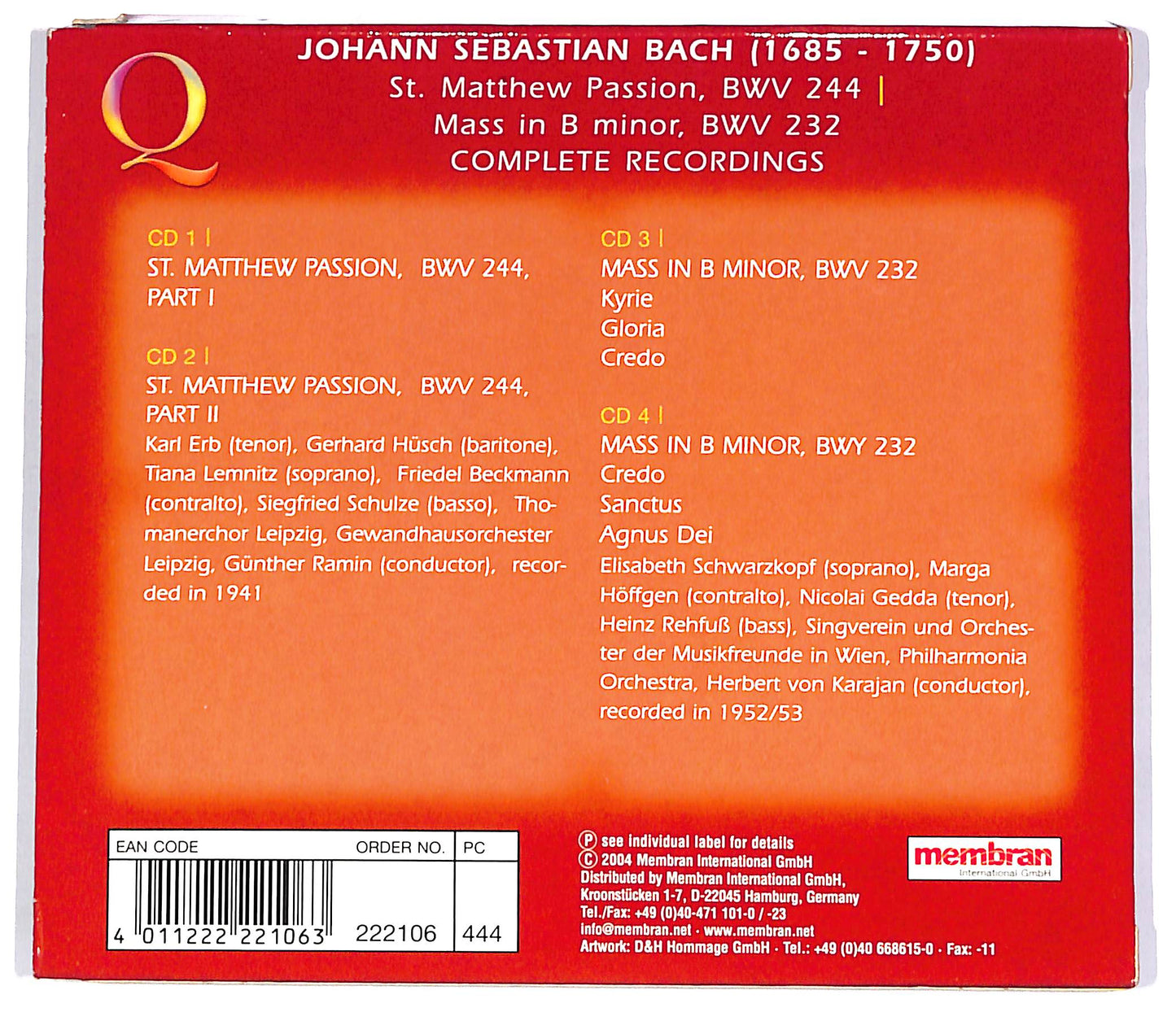 EBOND Bach - St. Matthew Passion - Mass In B Minor (4 dischi) CD CD048504