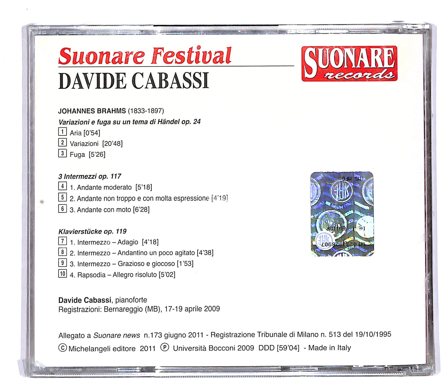 EBOND Davide Cabassi - Brahms Variazioni E Fuga Su EDITORIALE CD CD055408