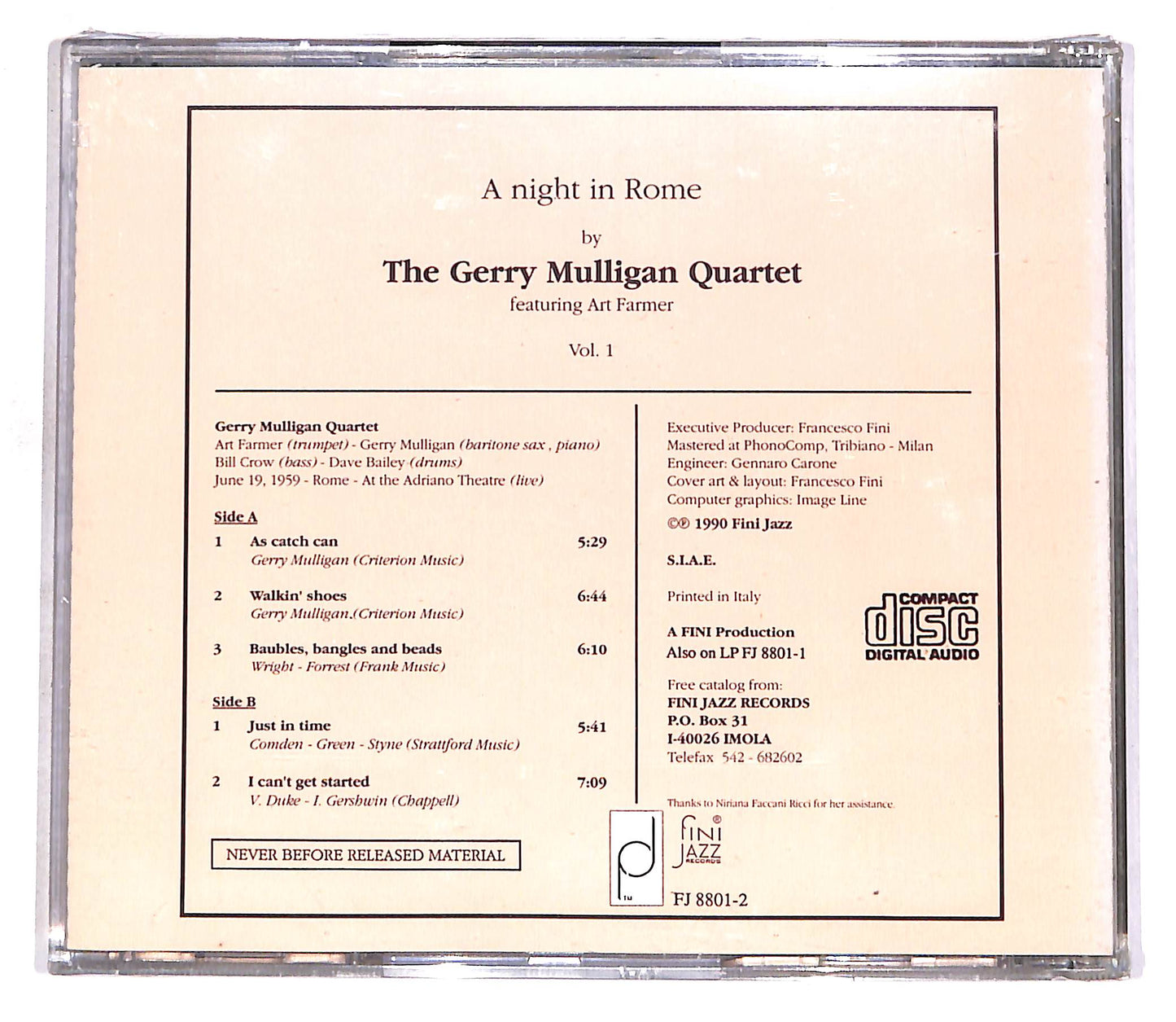 EBOND The Gerry Mulligan Quartet - A Night In Rome Vol. 1 EDITORIALE CD CD056653