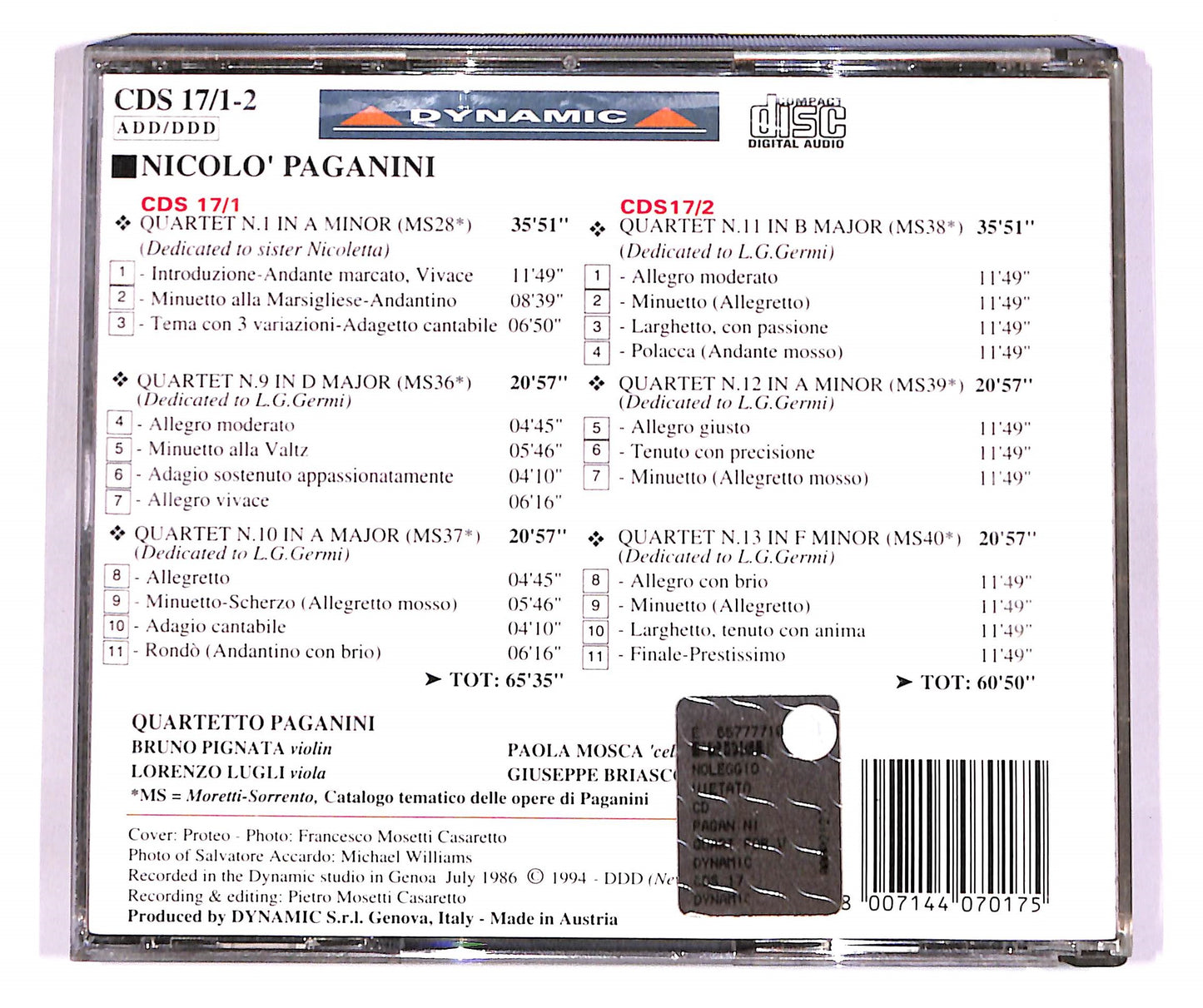 EBOND Paganini - Guitar Quartets N.1, 9, 10, 11, 12, 13 (2 dischi) CD CD057136
