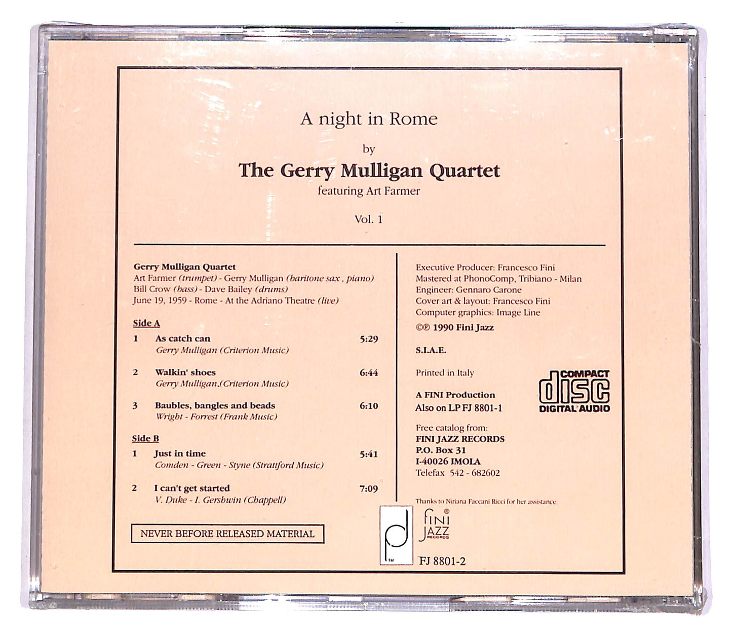 EBOND The Gerry Mulligan Quartet - A Night In Rome Vol. 1 EDITORIALE CD CD057247