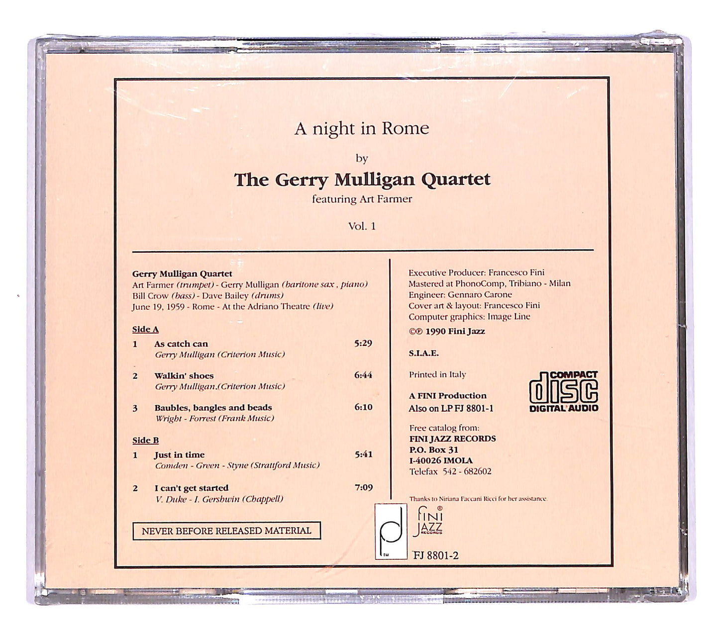 EBOND The Gerry Mulligan Quartet - A Night In Rome Vol. 1 CD CD058149