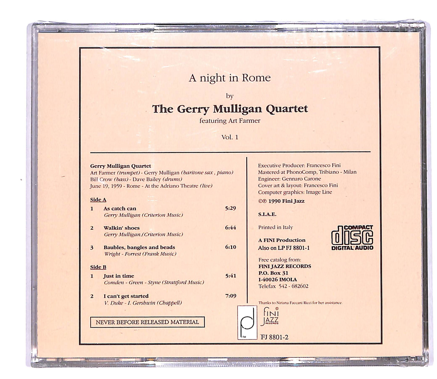 EBOND The Gerry Mulligan Quartet - A Night In Rome Vol. 1 CD CD058204