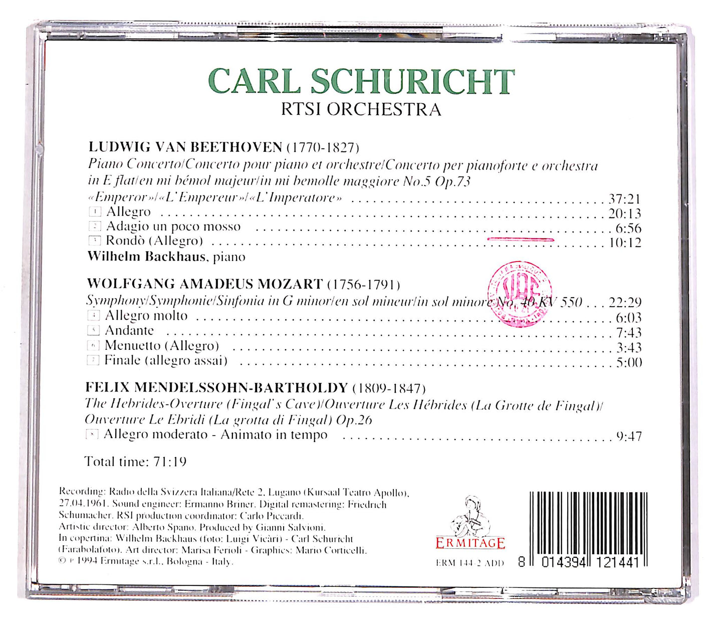 EBOND Schuricht, Backhaus - Beethoven, Mozart, Mendelssohn CD CD058915