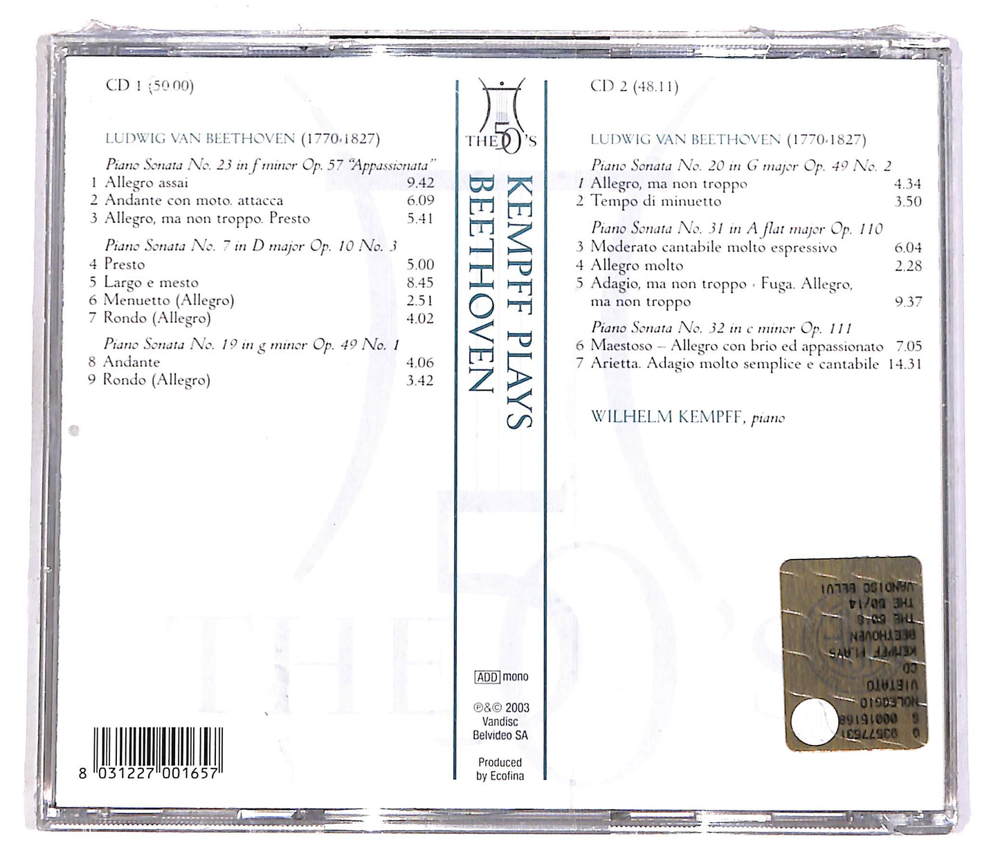 EBOND Wilhelm Kempff, Beethoven - Piano Sonatas (2 dischi) CD CD061616