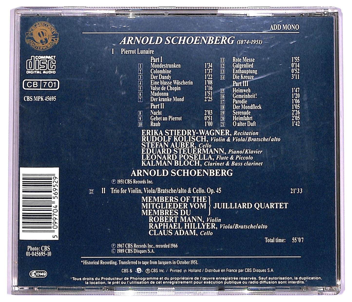 EBOND Arnold Schoenberg - Pierrot Lunaire Trio Op. 45 CD CD063209