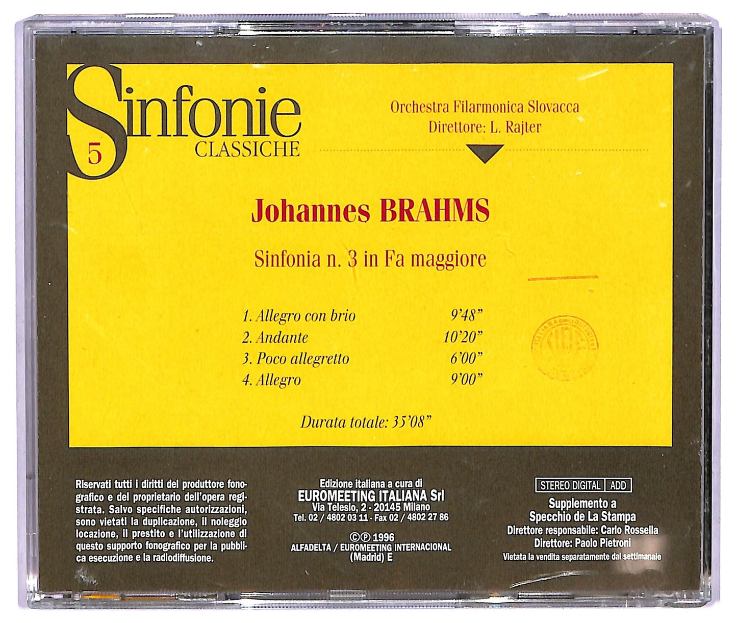 EBOND Brahms - Sinfonia N. 3 In Fa Maggiore ALBUM EDITORIALE JEWEL CASE CD CD065759