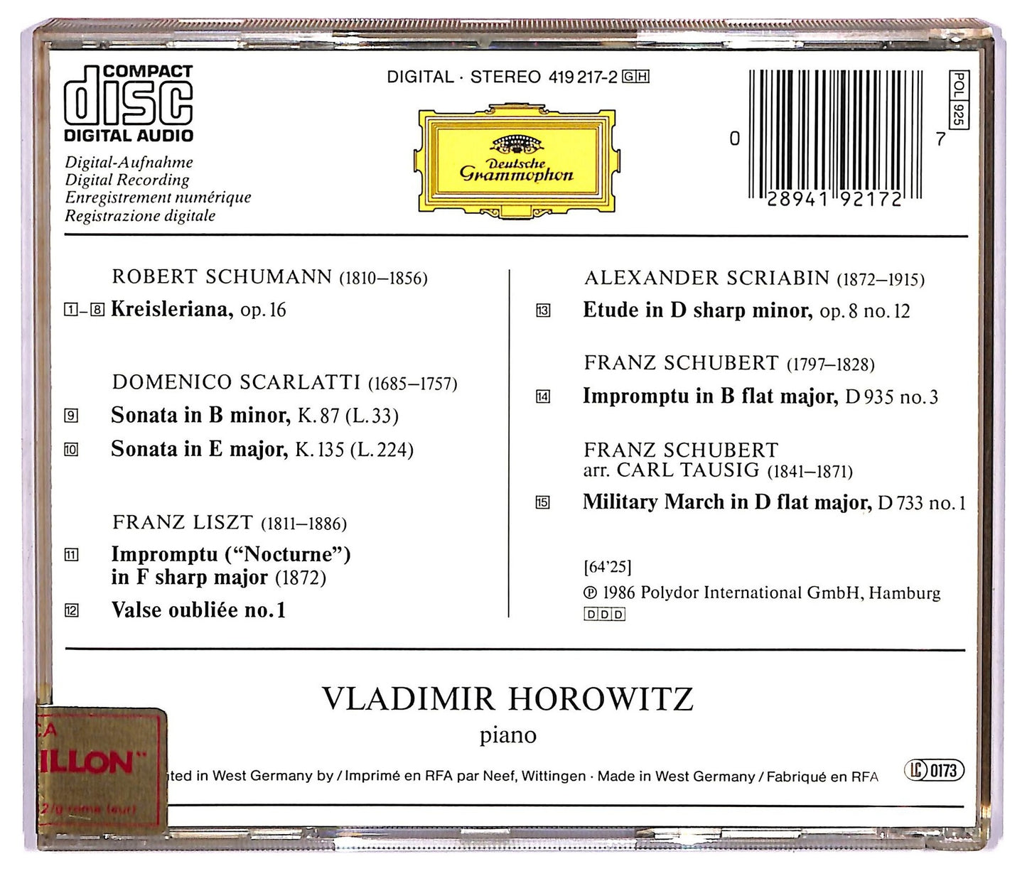 EBOND Vladimir Horowitz - The Studio Recordings New York 1985 ALBUM EDITORIALE JEWEL CASE CD CD067117