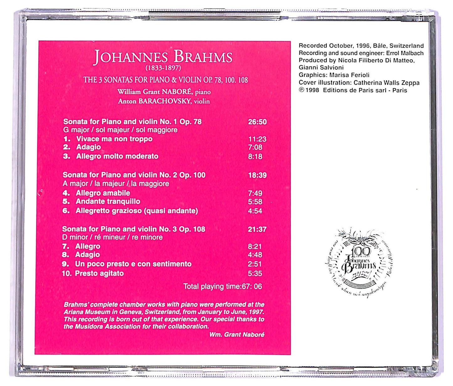 EBOND Johannes Brahms - The 3 Sonatas For Piano & Violin Op. 78, 100, 108 CD CD070435