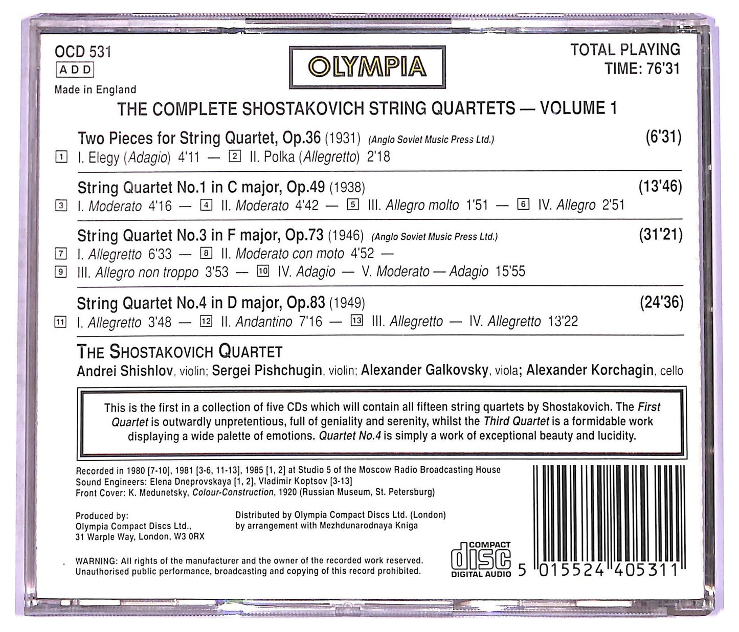 EBOND The Shostakovich Quartet - The Complete Shostakovich String Quartets Volume 1 CD CD071142