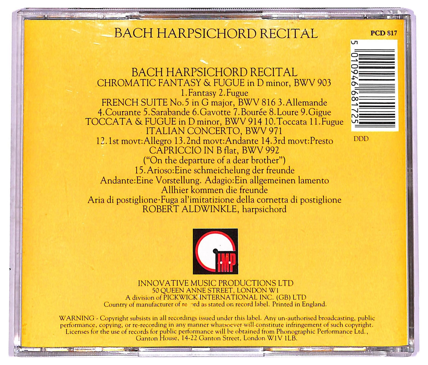 EBOND Bach Robert Aldwinkle - Harpsichord Recital CD CD072816