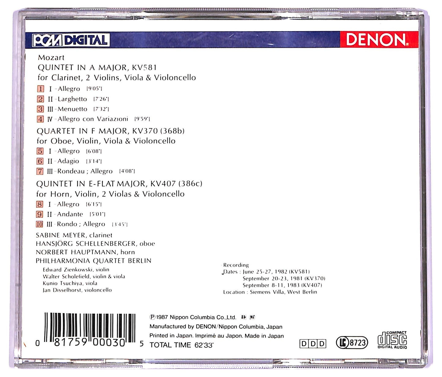 EBOND W. A. Mozart - Clarinet Quintet Oboe Quartet Horn Quintet CD CD072962