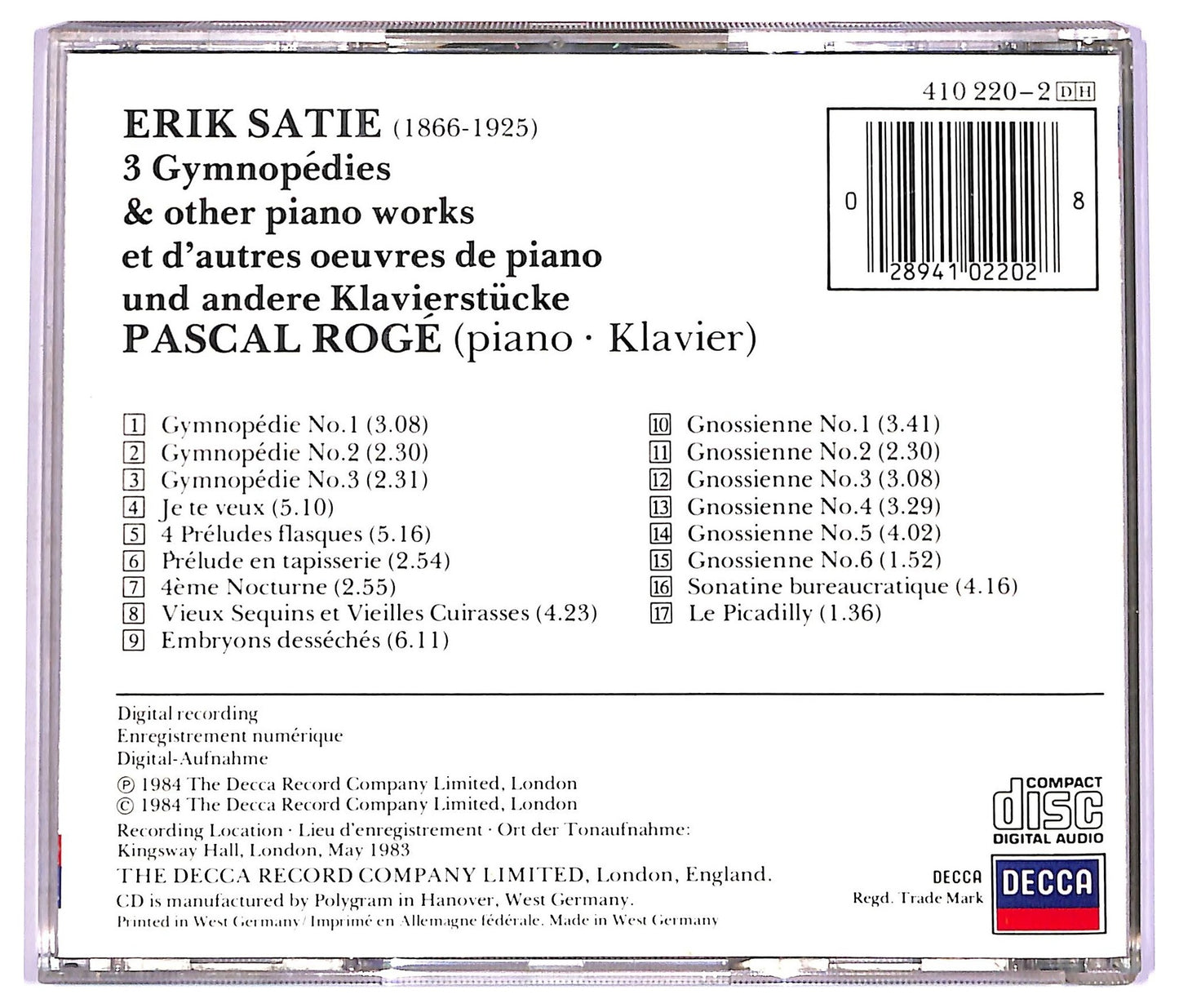 EBOND Satie Pascal Roge - 3 Gymnopedies & Other Piano Works CD CD073730