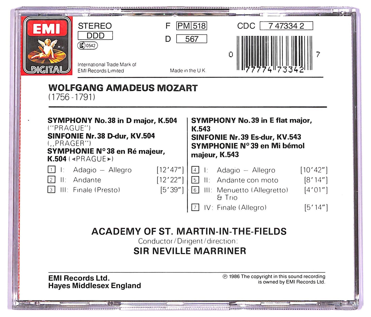 EBOND Sir Neville Marriner - Mozart Symphonies No. 38 In D ('Prague') & No. 39 In E flat CD CD073823
