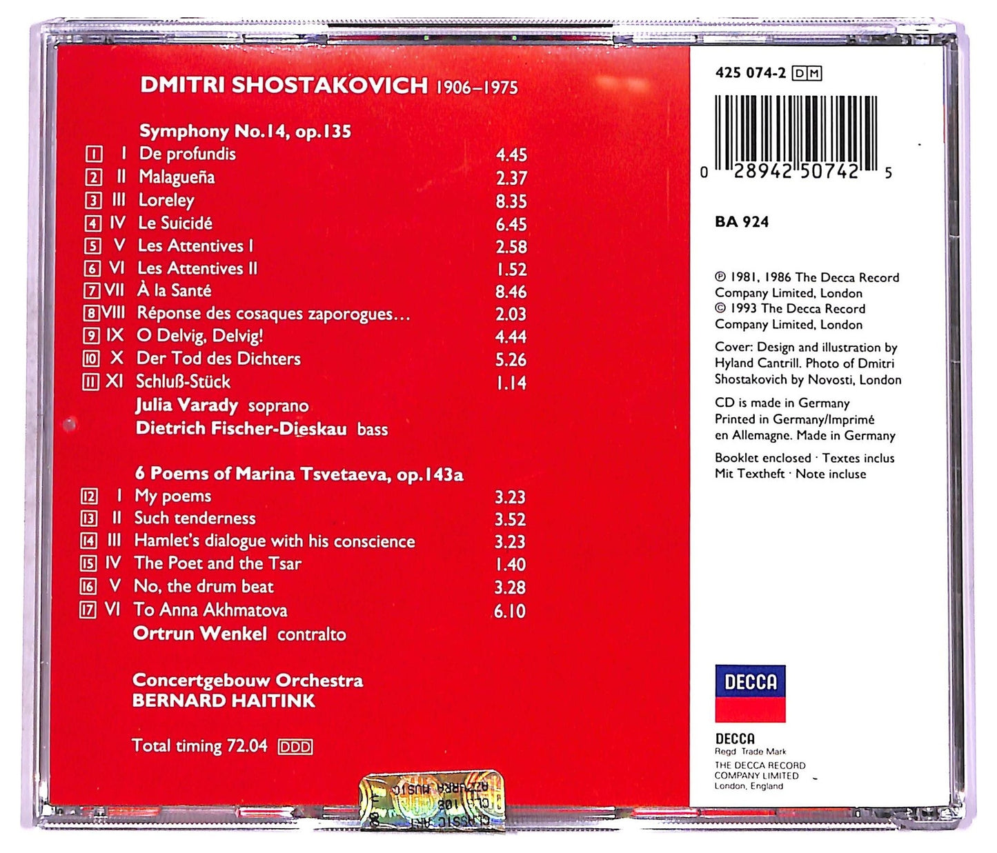 EBOND Dmitri Shostakovich - Symphony No.14 / 6 Poems Of Marina Tsvetaeva CD CD074838