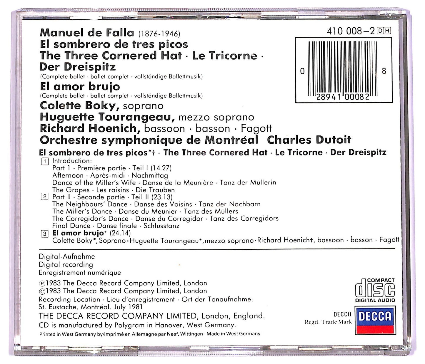 EBOND Manuel De Falla - The Three Cornered Hat El Amor Brujo CD CD076723