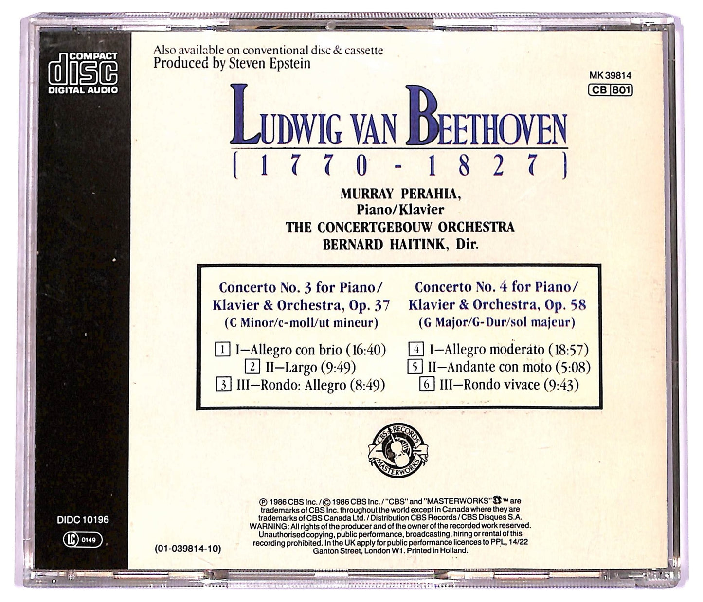 EBOND Beethoven Murray Perahia - Piano Concertos Nos. 3 & 4 CD CD077252