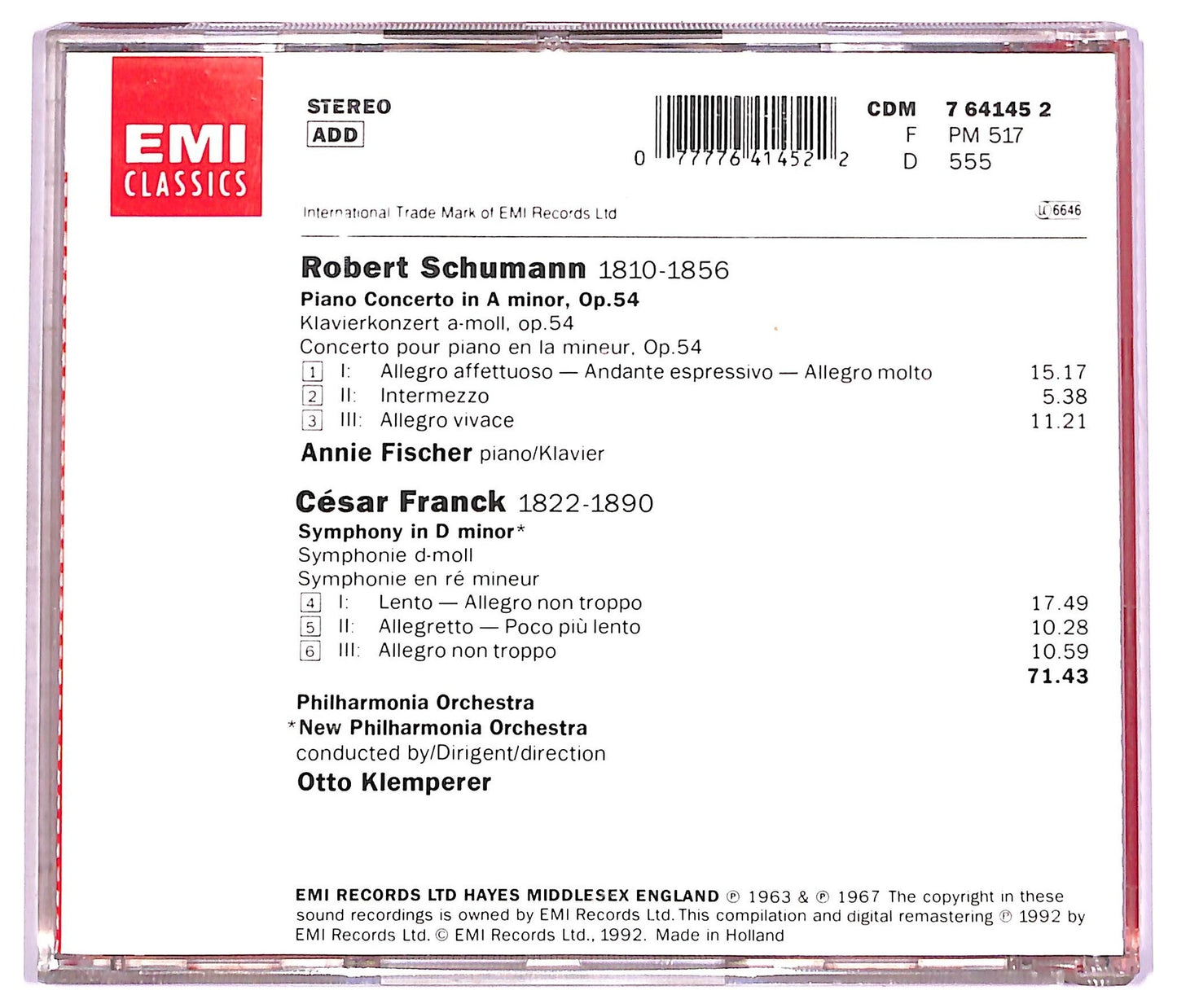 EBOND Annie Fischer - Schumann: Piano Concerto Franck: Symphony In D Minor CD CD077425