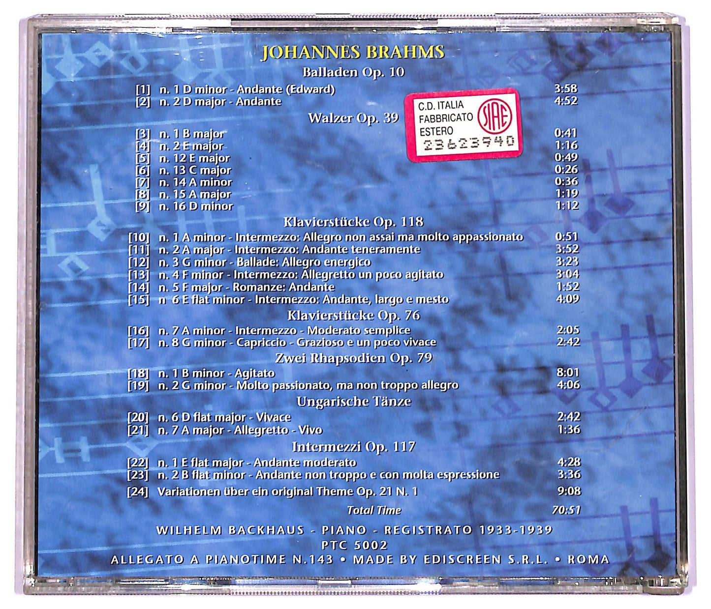 EBOND Wilhelm Backhaus - 1933-1939 Original Recordings Johannes Brahms CD CD080241