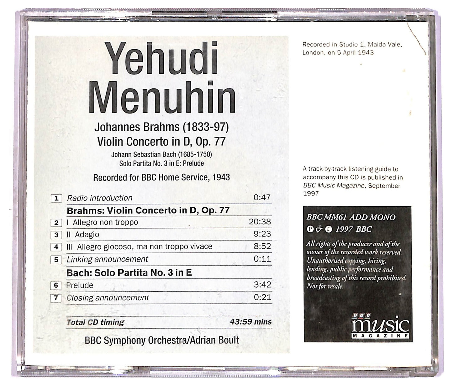EBOND Yehudi Menuhin - Brahms Violin Concerto CD CD080337