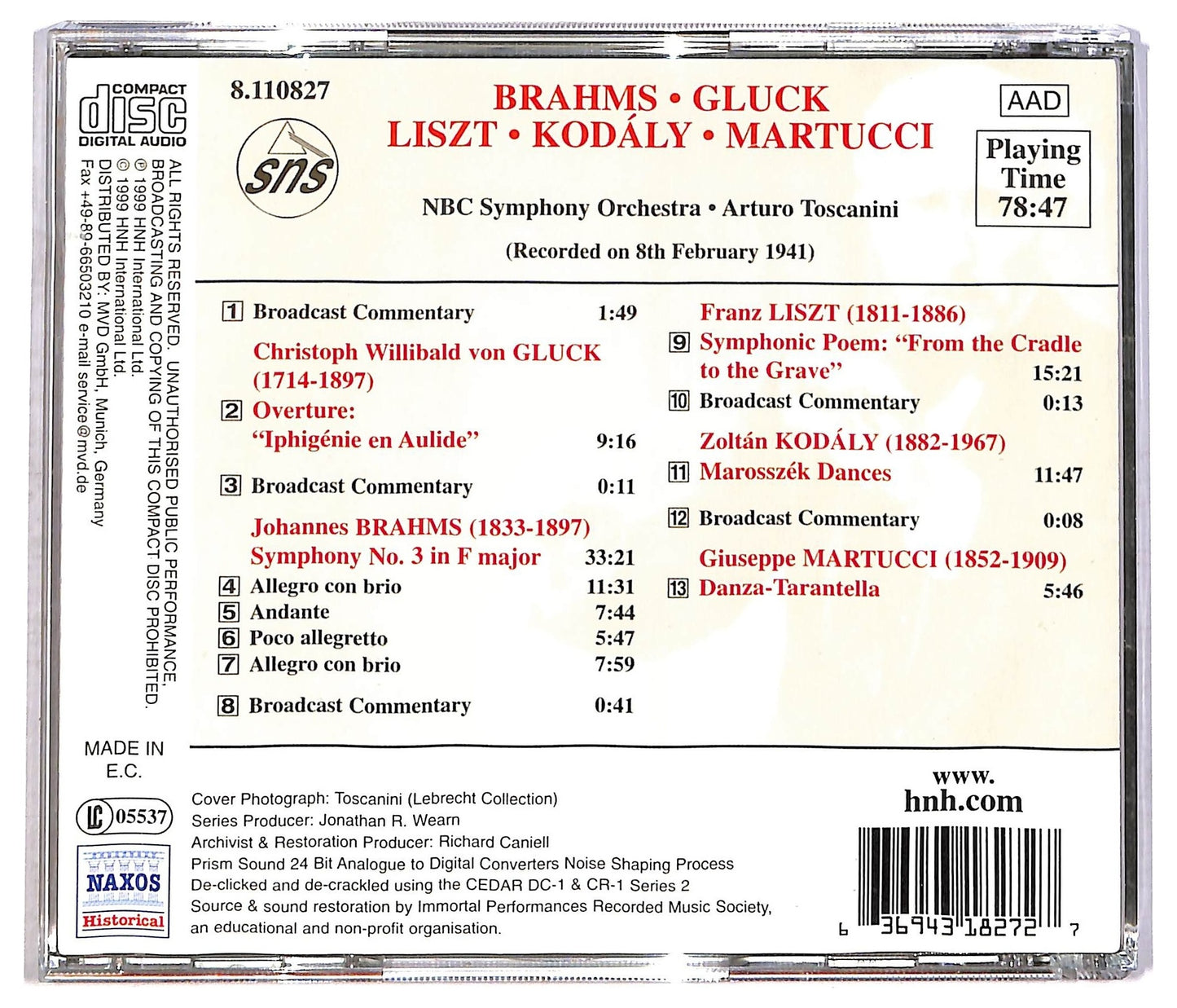 EBOND Arturo Toscanini - Brahms Gluck Liszt Kodaly Martucci CD CD086447