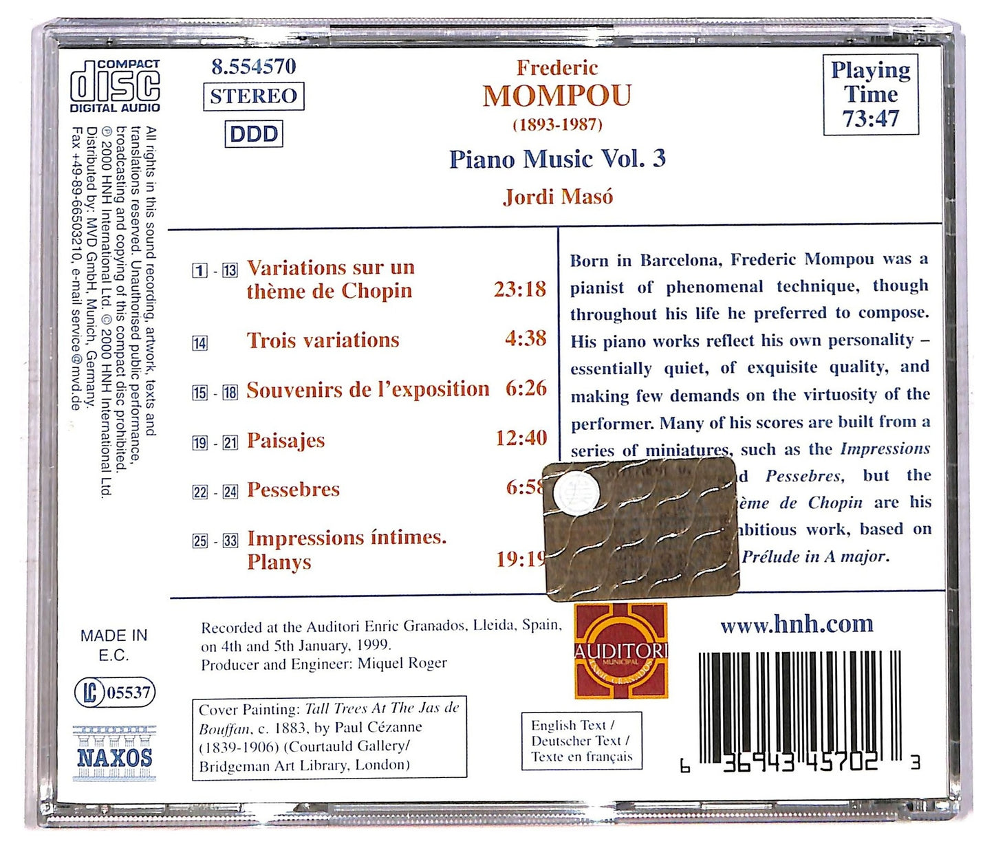 EBOND Frederic Mompou Jordi Maso - Piano Music Volume 3 CD CD086519
