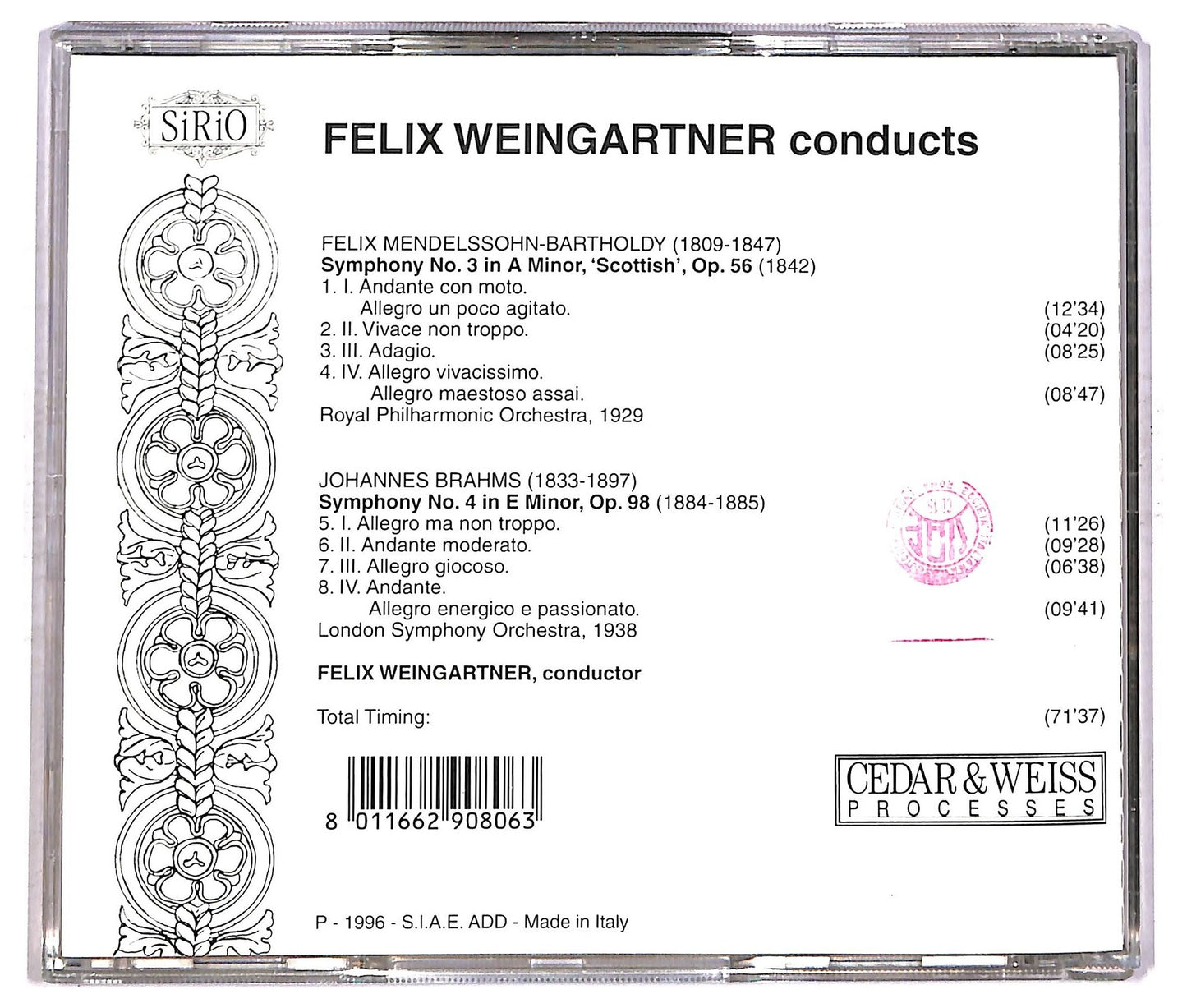 EBOND Felix Weingartner Mendelssohn Brahms - Symphony No.3 e 4 CD CD086520