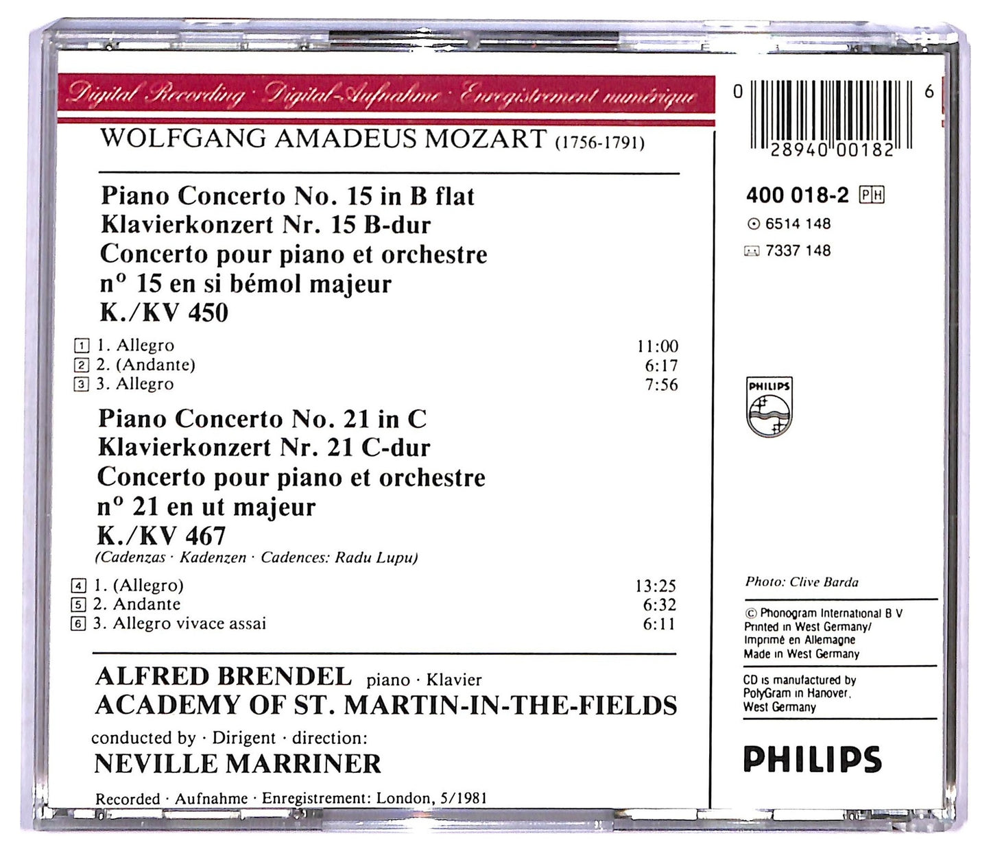 EBOND Mozart Alfred Brendel - Piano Concertos K. 450 & K. 467 CD CD089054