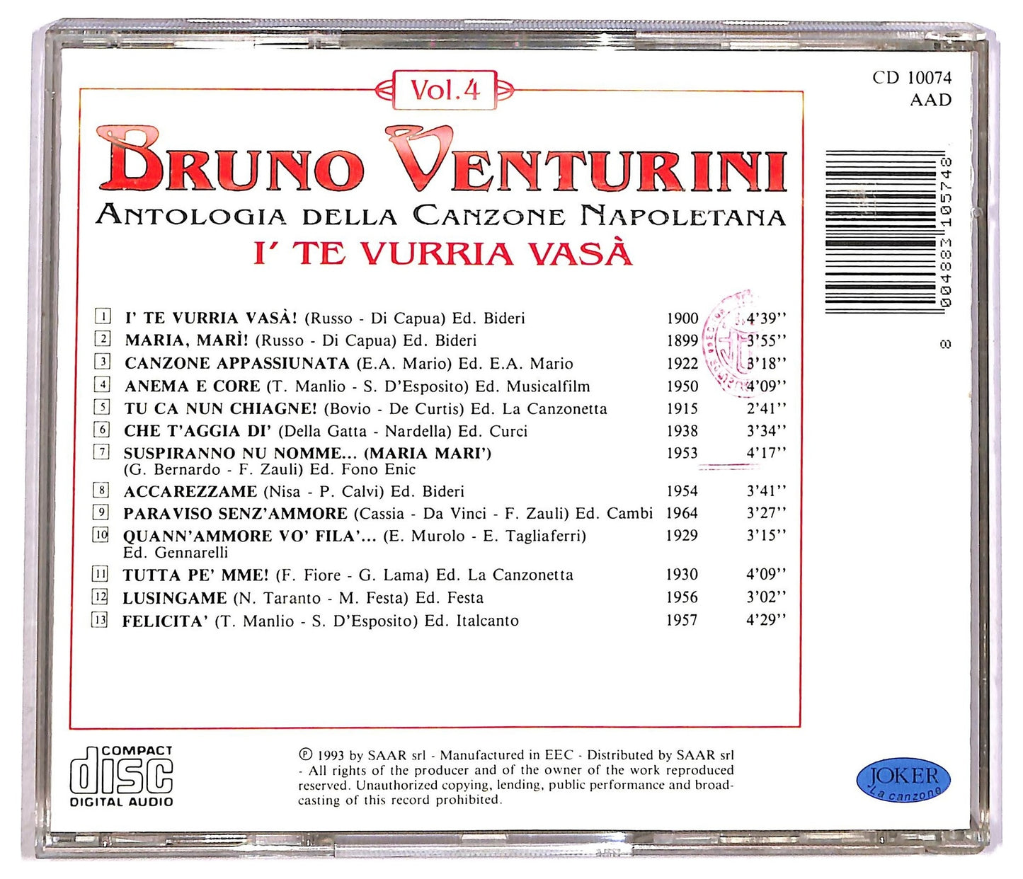 EBOND Bruno Venturini - Antologia Napoletana Canzoni vol.4 CD CD089250