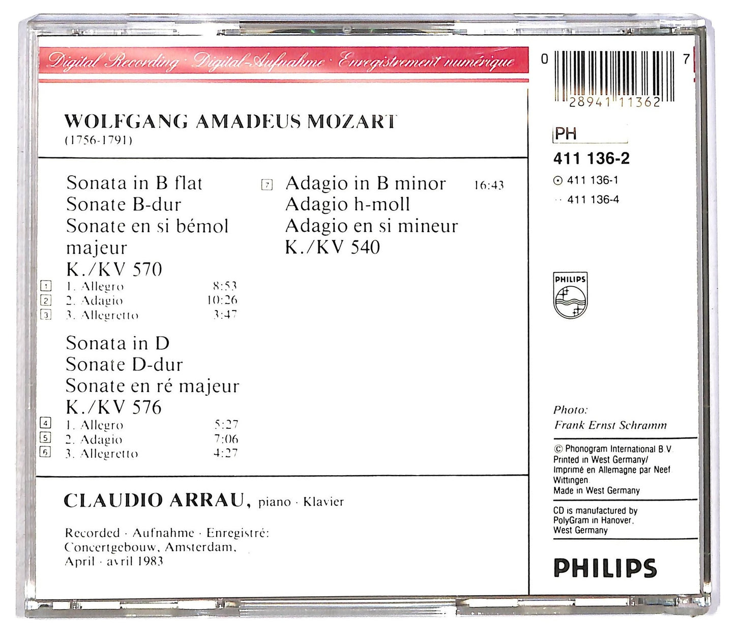 EBOND Mozart Claudio Arrau - Piano Sonatas KV 570 & 576 Adagio KV 540 CD CD089567