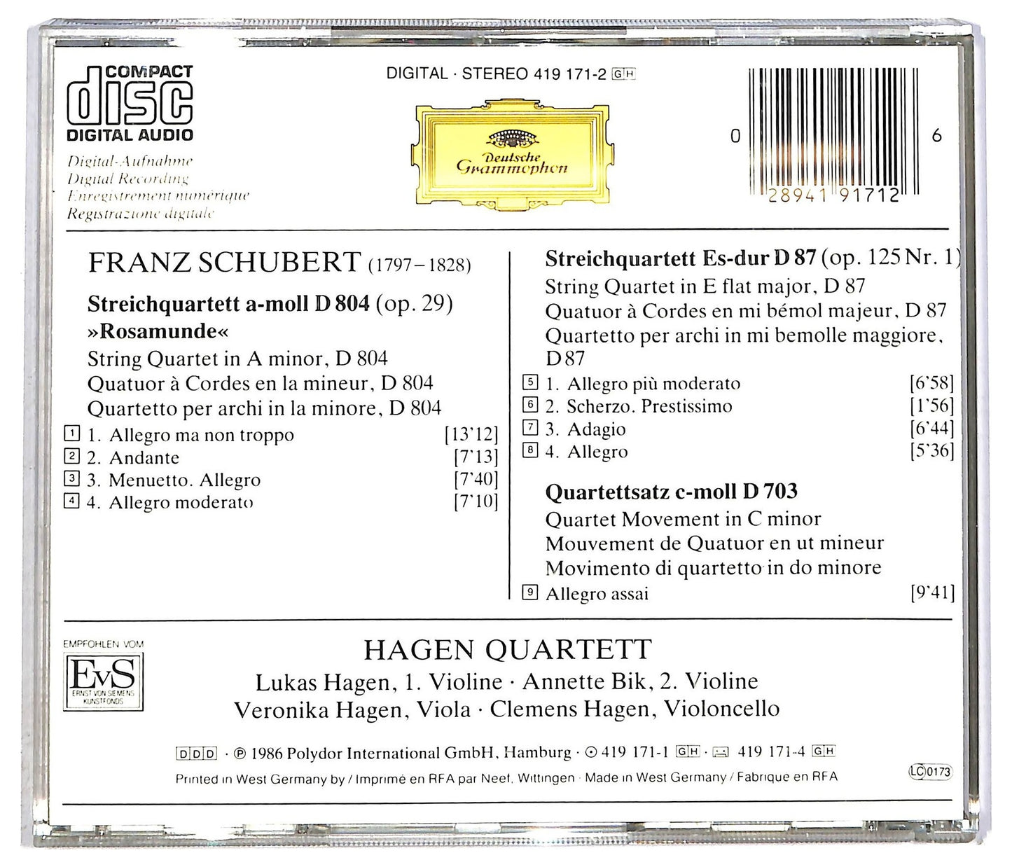 EBOND Schubert Hagen Quartett - Streichquartette CD CD089601