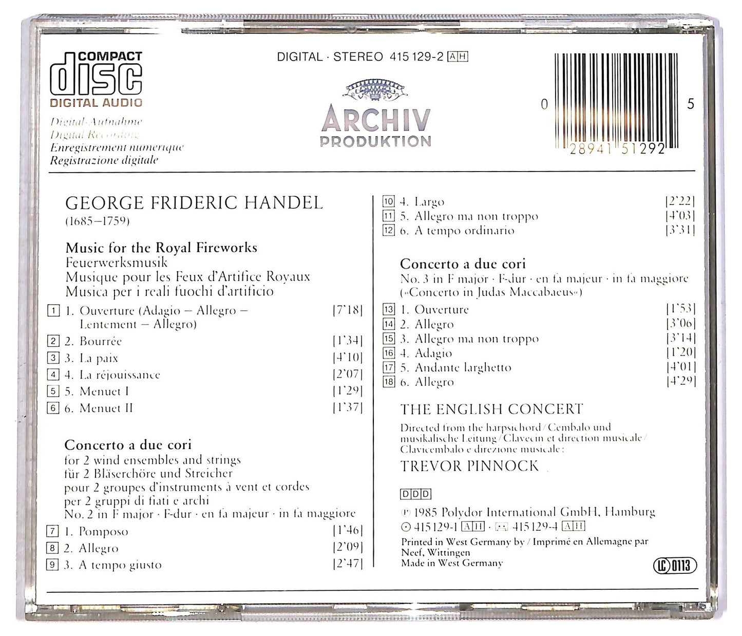 EBOND Handel - Music For The Royal Fireworks · Concerti A Due Cori CD CD089823