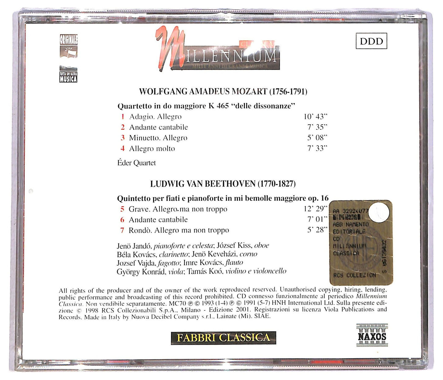EBOND Mozart Beethoven - quartetto in do maggiore K 465 quintetto per fiati CD CD089856