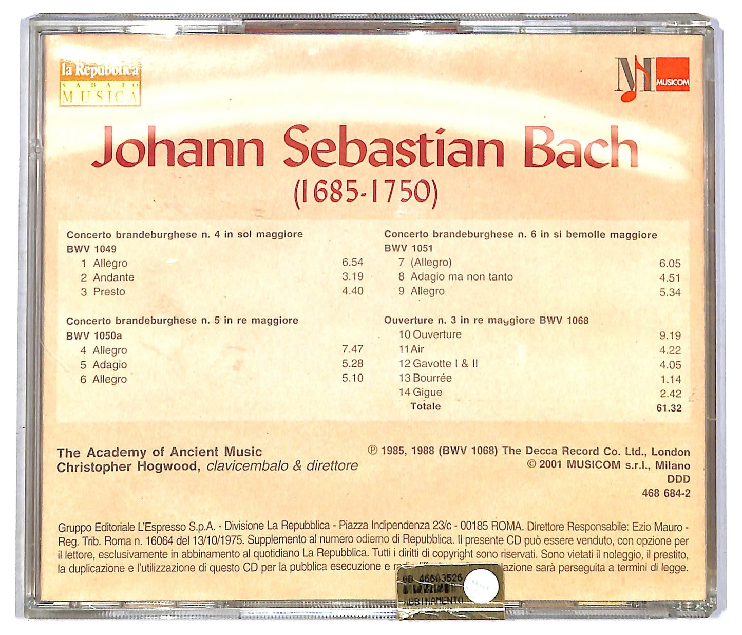 EBOND Bach Christopher Hogwood - Concerti brandeburghesi nn. 4, 5 & 6 - Ouverture n. 3 CD CD090508