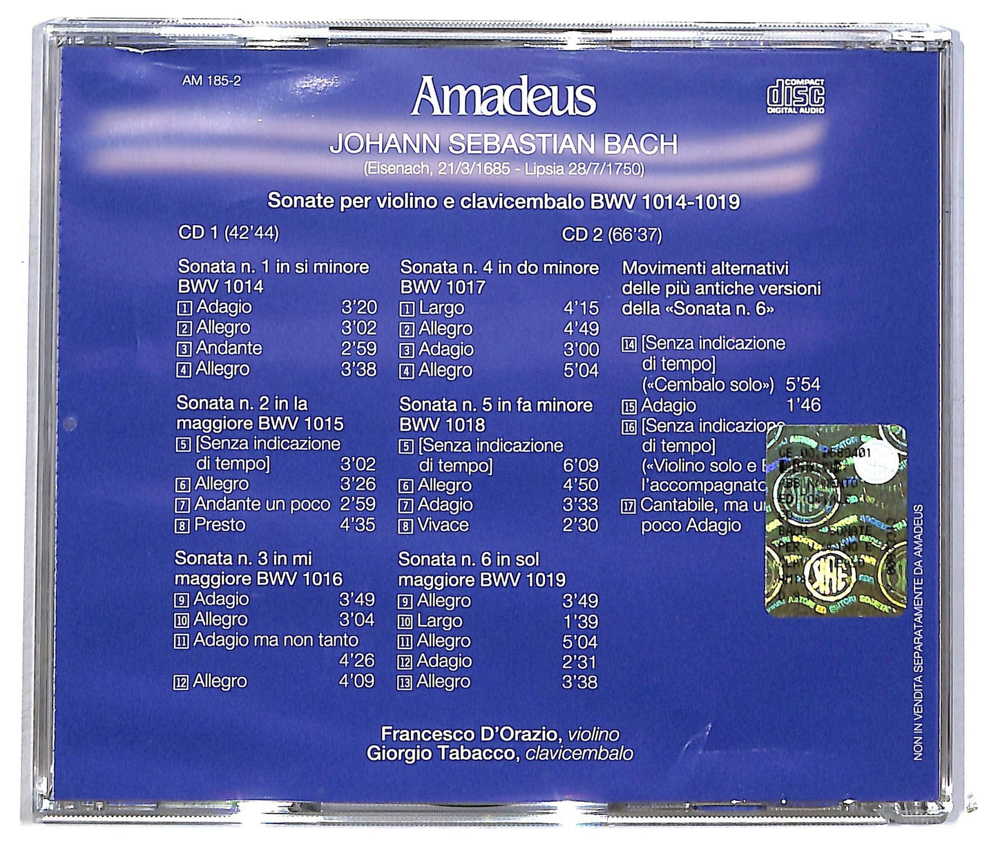 EBOND Bach Francesco D'Orazio - Sonate Per Violino E Clavecimbalo (BWV 1014-1019) CD CD090534