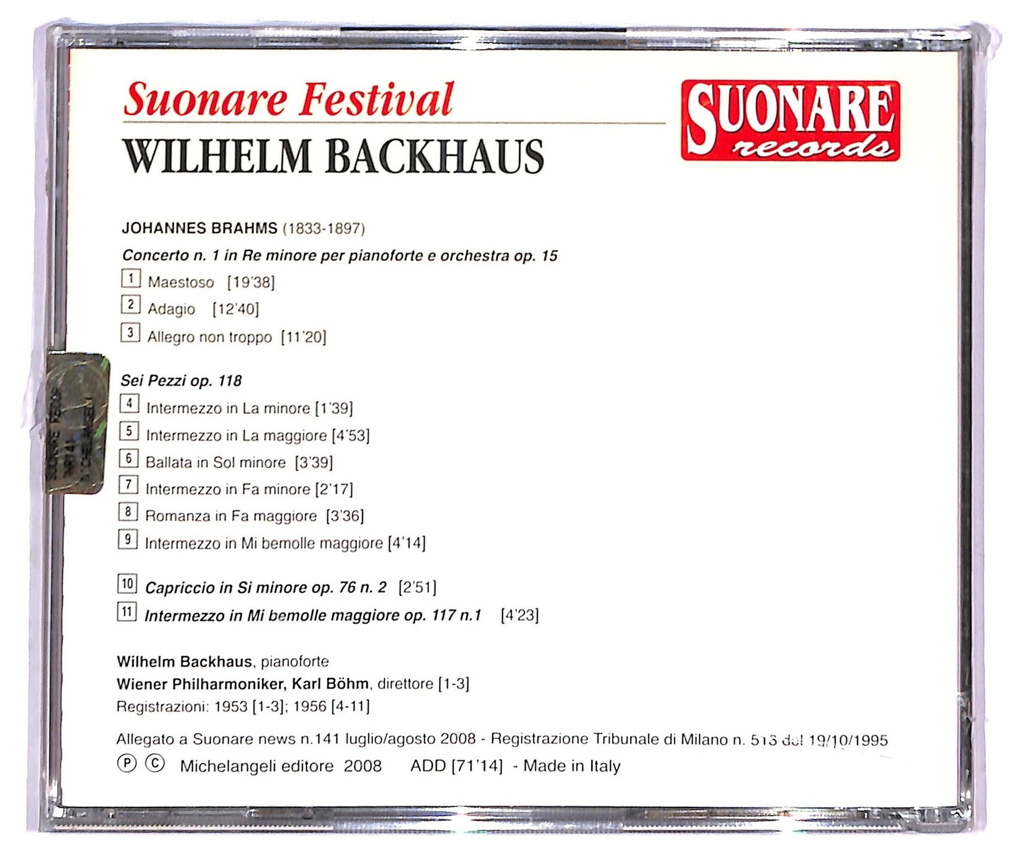EBOND Wilhelm Backhaus - Brahms concerto n.1 in re minore CD CD091046