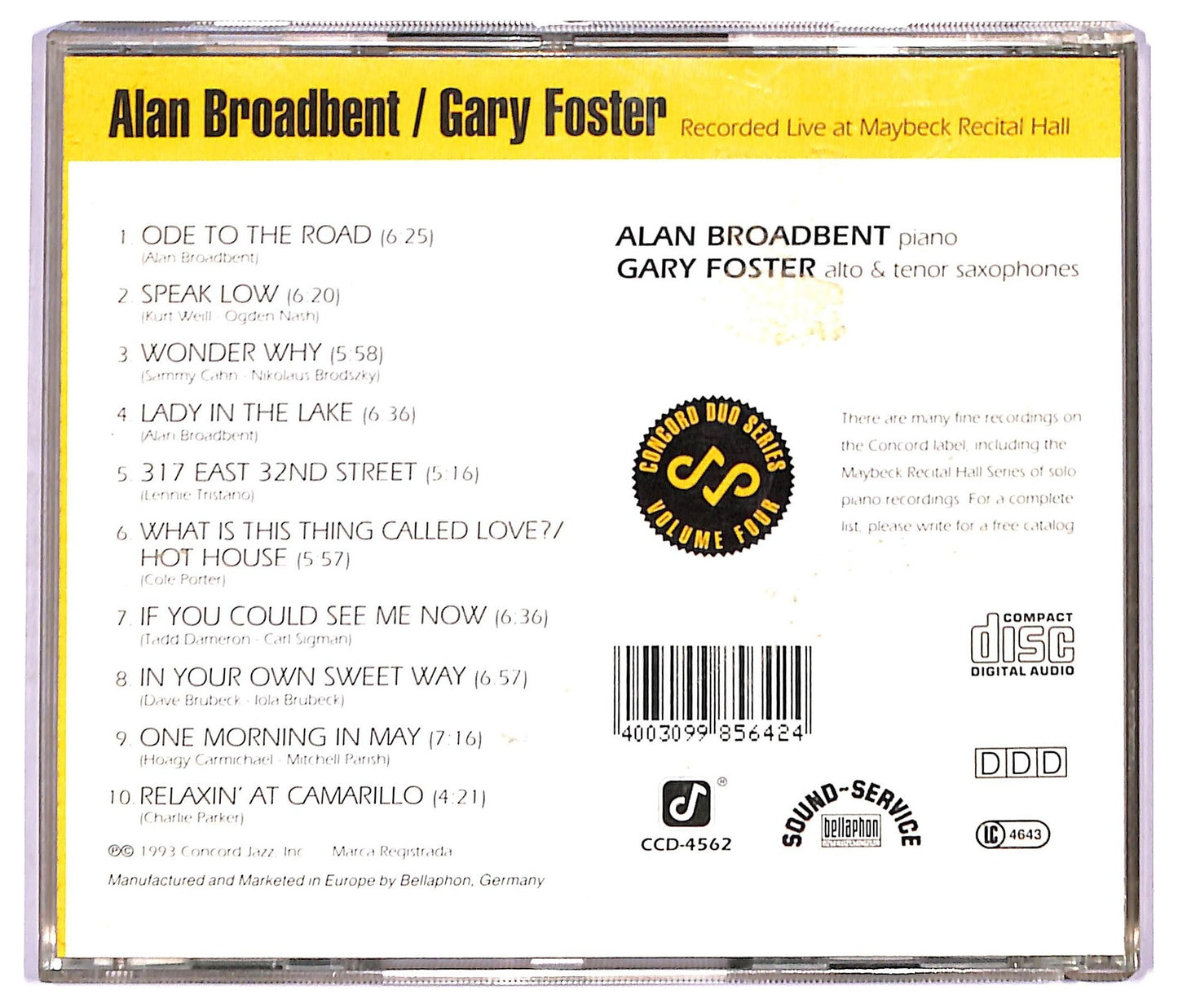 EBOND Alan Broadbent Gary Foster - Recorded Live At Maybeck Recital Hall CD CD091305