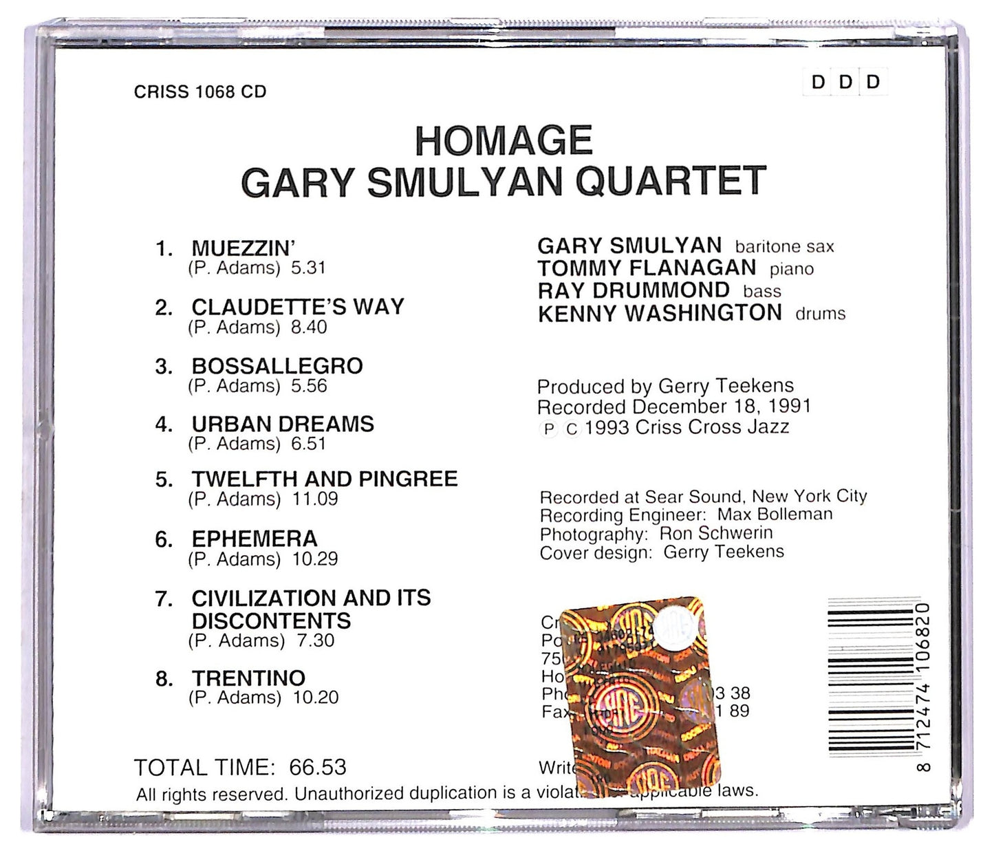 EBOND Gary Smulyan Quartet Featuring Tommy Flanagan - Homage CD CD091354