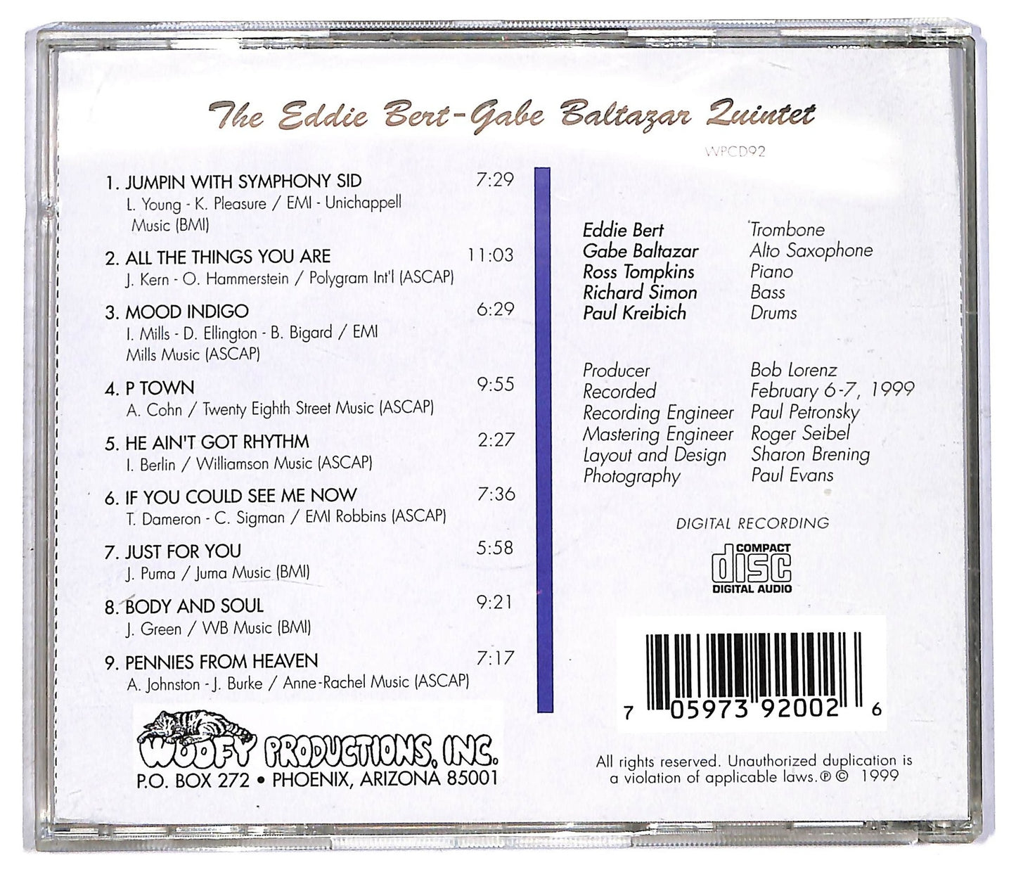 EBOND The Eddie Bert - Gabe Baltazar Quintet - Live At Capozzoli's CD CD091762