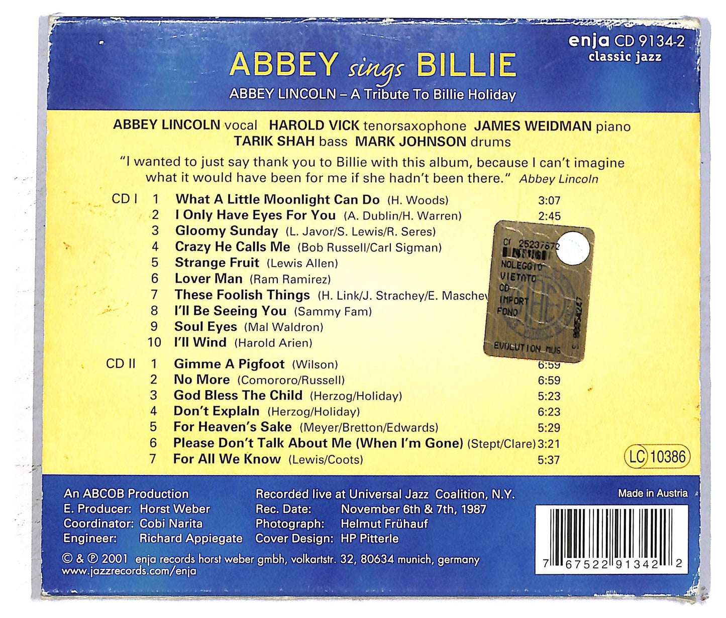 EBOND Abbey Lincoln - Abbey Sings Billie A Tribute To Billie Holiday CD CD093016