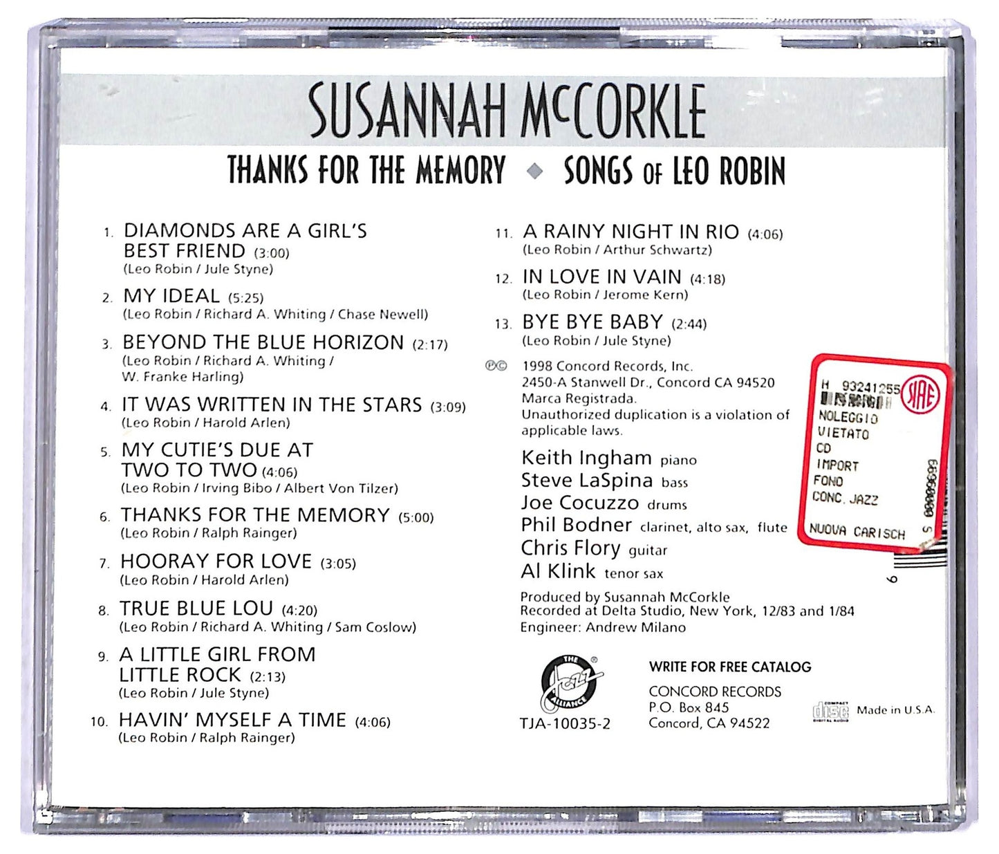 EBOND Susannah McCorkle - Thanks For The Memory-Songs Of Leo Robin CD CD093214